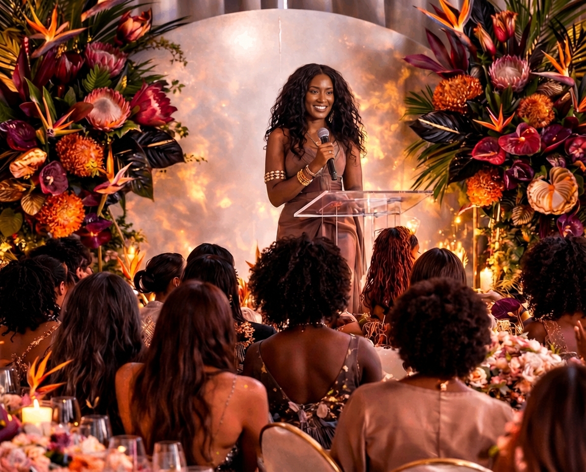 Whitney Marcial speaking at an event surrounded by tropical florals and warm candlelight