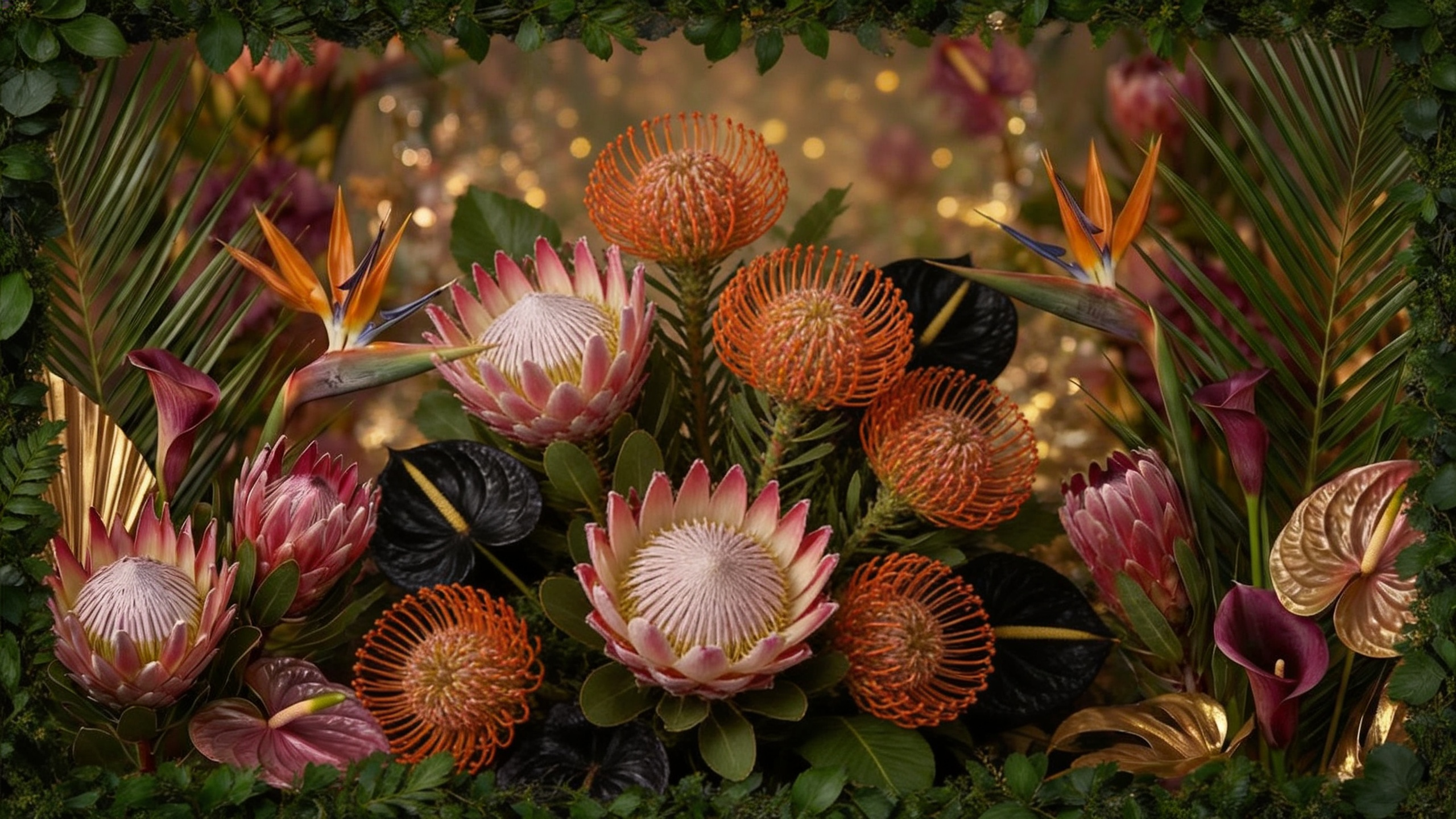 Angolan-inspired floral arrangement — proteas, birds of paradise, gold palm leaves