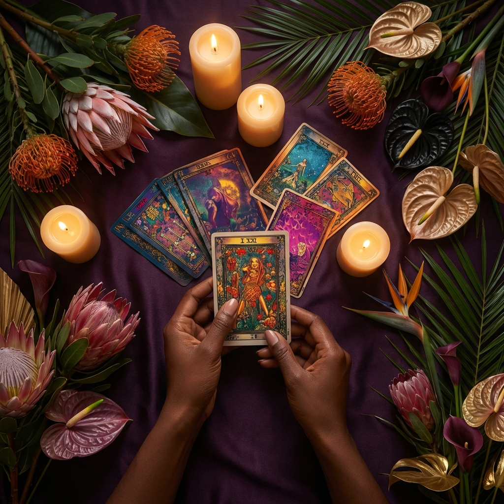 Ritual space with tarot cards, tropical flowers and candlelight on deep purple